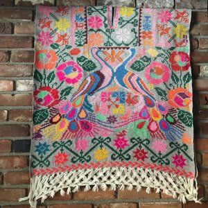 MULTI COLOR CROSS STITCH PEACOCK FLORAL HIPPIE BOHO WOOL BLANKET PONCH